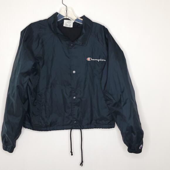 Champion Cropped Coaches Jacket Black Oversize Logo Snap Front Women Large - Picture 9 of 12